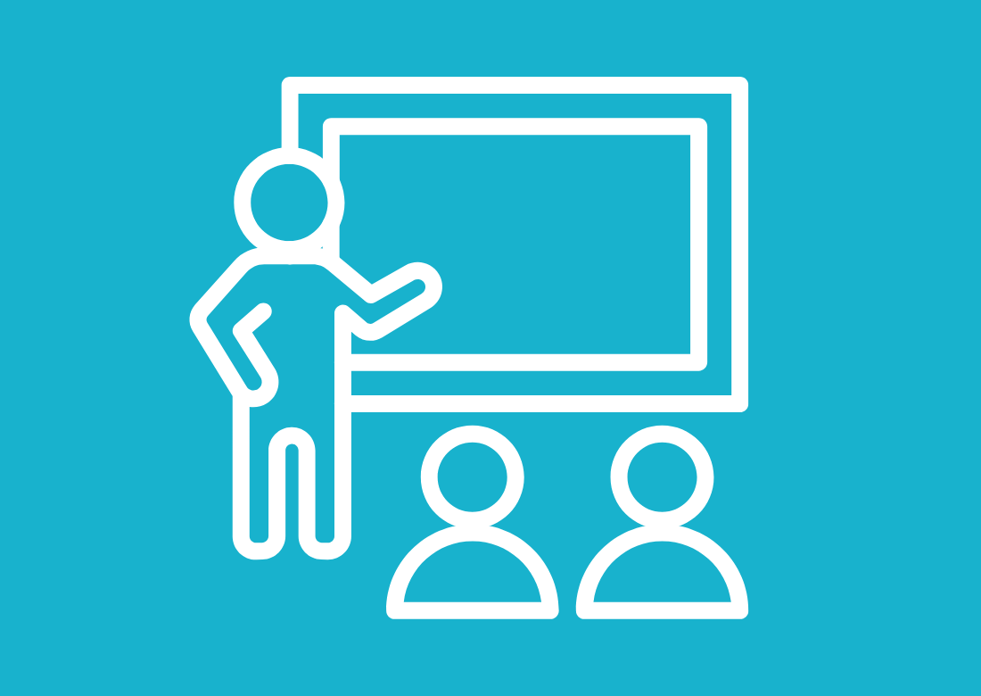 An icon of a person teaching in front of a blackboard to two students.