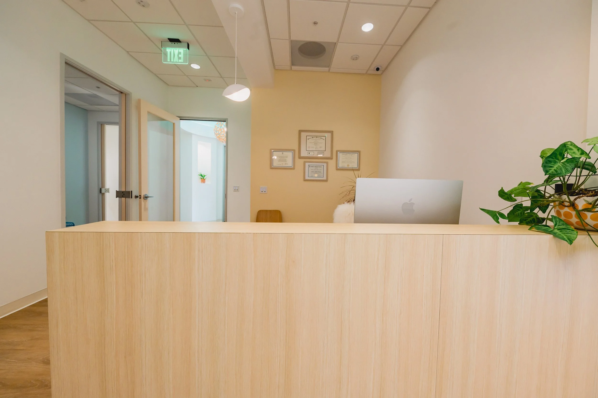 Reception desk with an iMac computer, a potted plant, and framed certificates on the wall in a modern office lobby.
