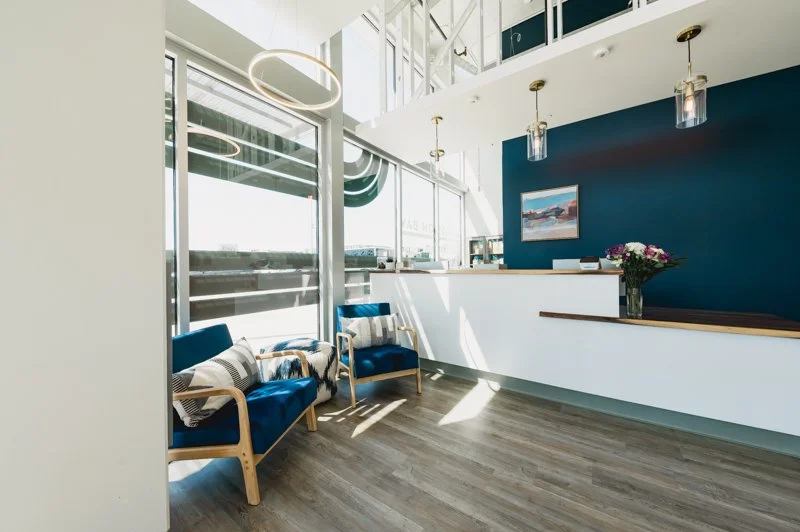 blue wall dropped ceiling dental office pediatric dentistry