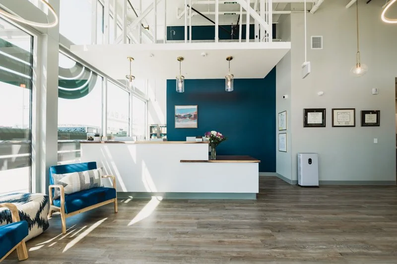 blue wall dropped ceiling dental office pediatric dentistry
