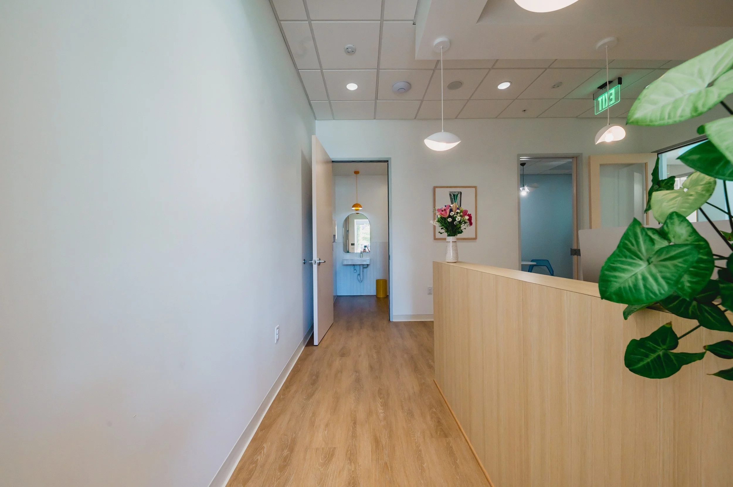 Interior view of a modern room with a wooden floor, white walls, hanging ceiling lights, an open door showing a bathroom, a vase of flowers on a wooden partition, and a framed picture on the wall.