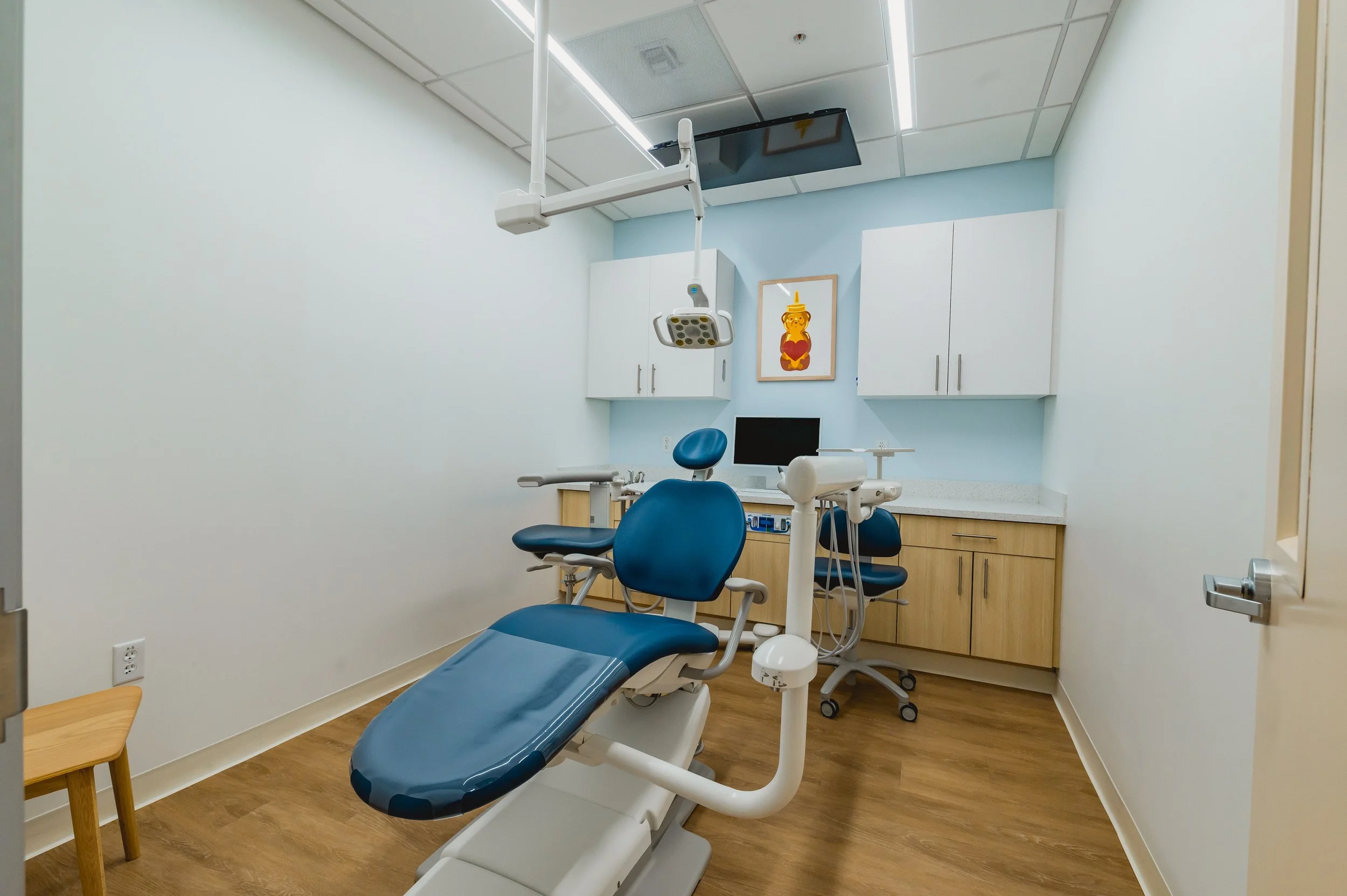 Dental examination room with a blue dental chair, overhead light, monitor, and cabinetry, decorated with a framed artwork of a bear
