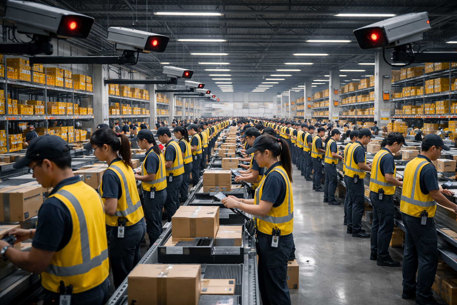 Distribution centre employees working a production line watched by numerous CCTV cameras.