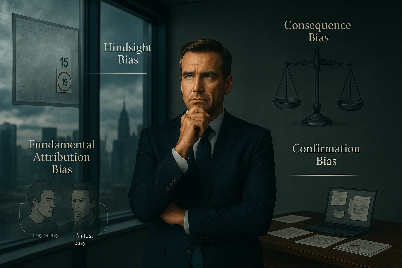 A man in a business suit standing in an office thinking, surrounded by the words consequence bias, hindsight bias, fundamental attribution bias, and confirmation bias