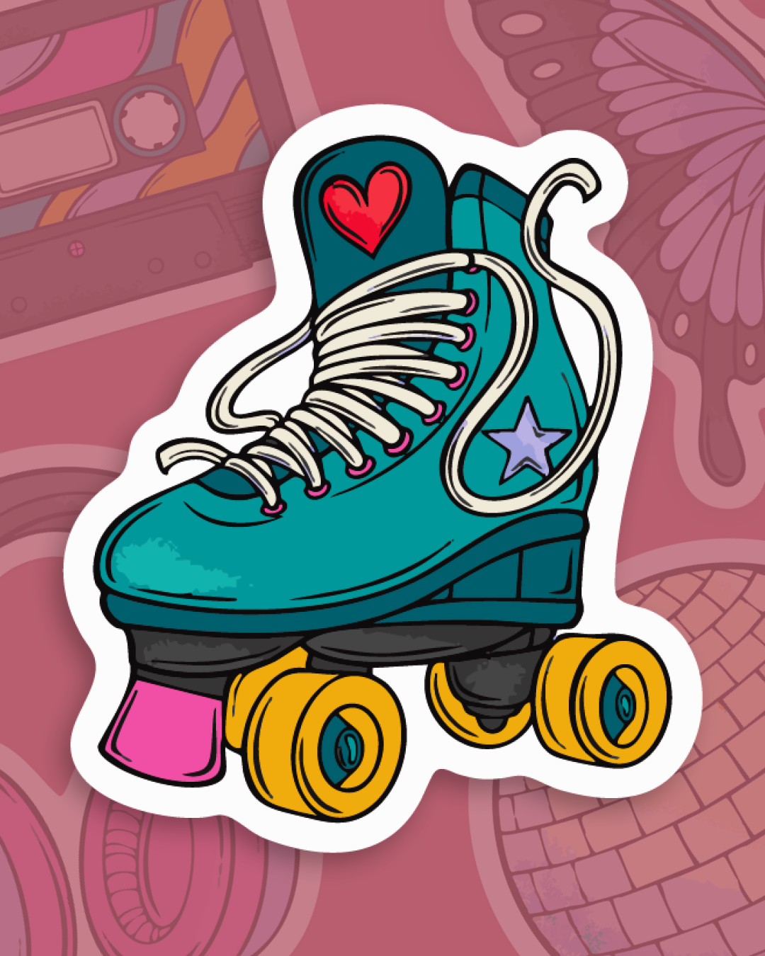 Sticker of a cartoon blue roller skate with a red heart on the tongue, purple star on the side, yellow wheels, and pink toe stop, on a pink background with patterns of roller skates and wheels.