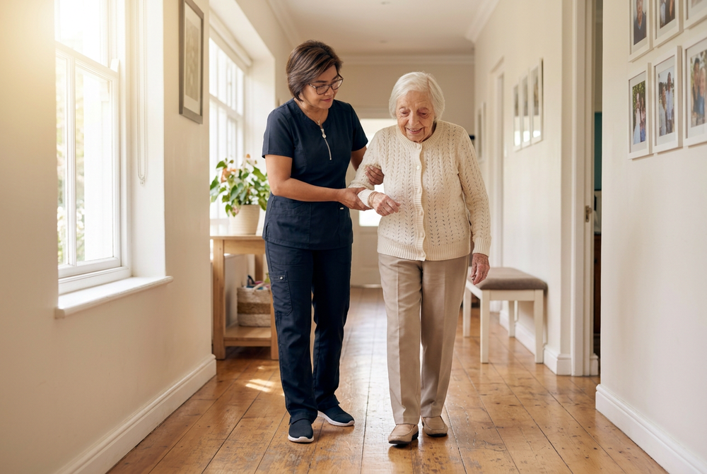 Rosa steadying Odette as they walk down a sunny hallway