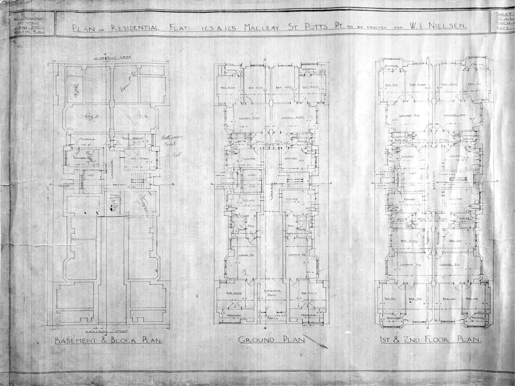 Plan of Residential Flats 123 & 125 Macleay St Potts Point to be erected for W.L. Nielsen, 1928 (L-R, Basement & Block Plan, Ground Plan, 1st & 2nd Floor Plan) (Credit: Franconia Archives)