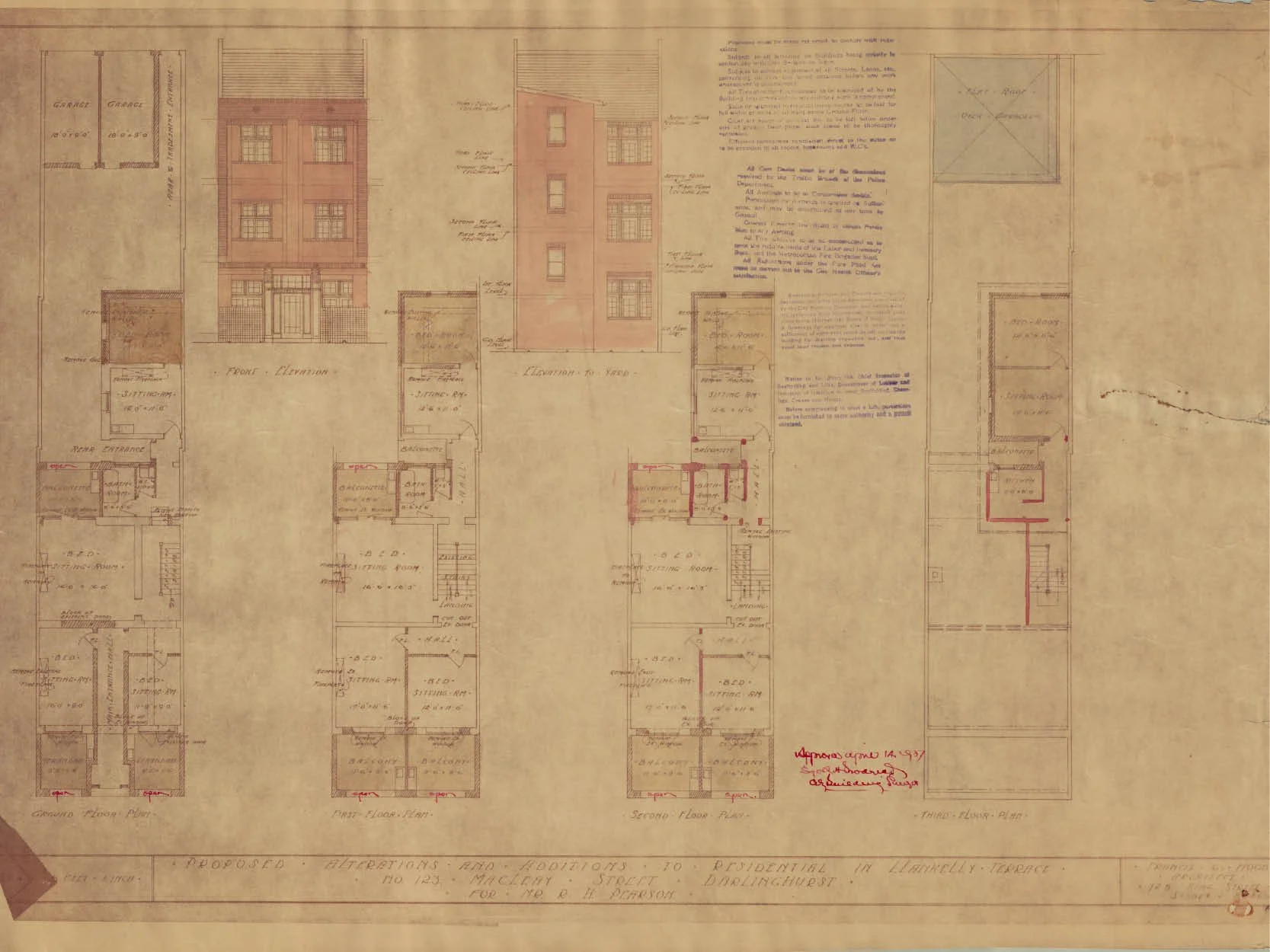 Proposed alterations and additions to residential in LLankelly Terrace, No. 123 Macleay St, Darlinghurst for Mr R.H. Pearson, 1927 (Credit: Franconia Archives)