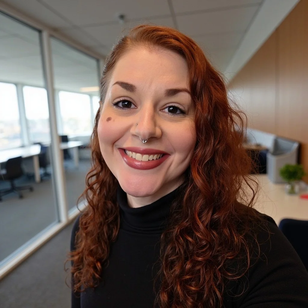 A smiling woman with curly red hair, wearing a black turtleneck, in an office setting with glass walls, desks, and chairs.