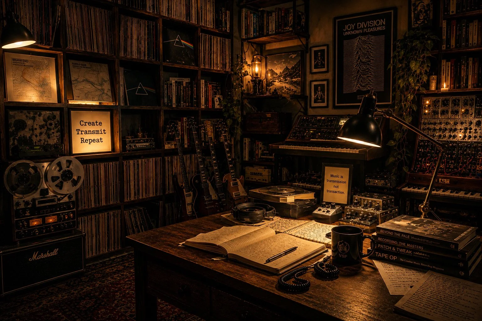 A cozy music studio with shelves of vinyl records and guitars, a desk with a turntable, headphones, and books, and various musical equipment, illuminated by warm lighting and a desk lamp.