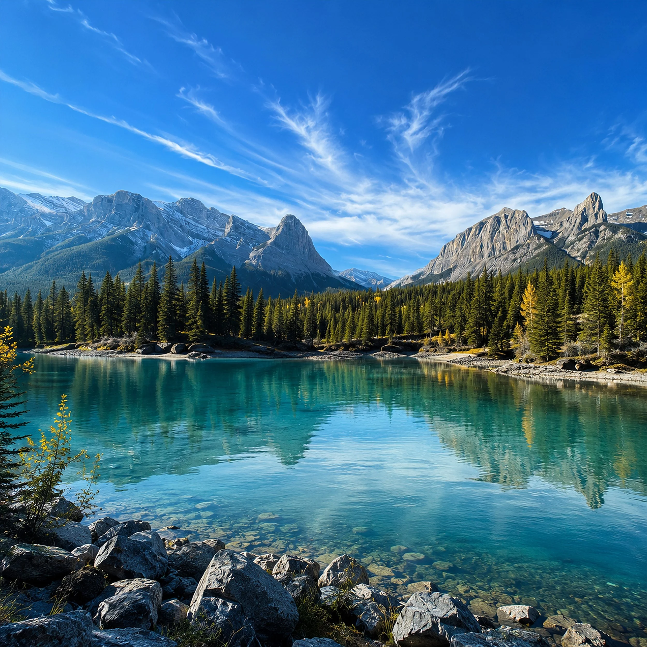 Album art for Above The Noise. Serene turquoise river beneath the Rocky Mountains in Canmore, Alberta.