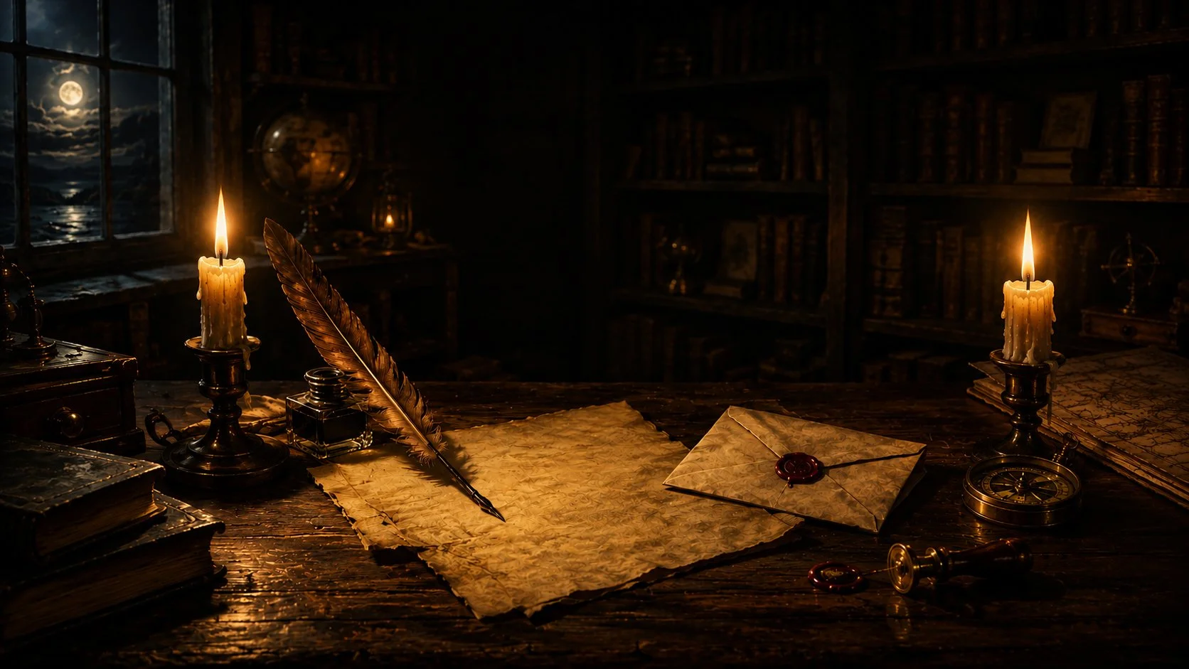 A vintage study with a wooden desk illuminated by two lit candles in candleholders, an old-fashioned quill and inkpot, aged parchment paper with a wax seal, and a closed map. Shelves with books and a globe are visible in the background, with moonlight streaming through a window showing a night sky with a full moon and clouds.