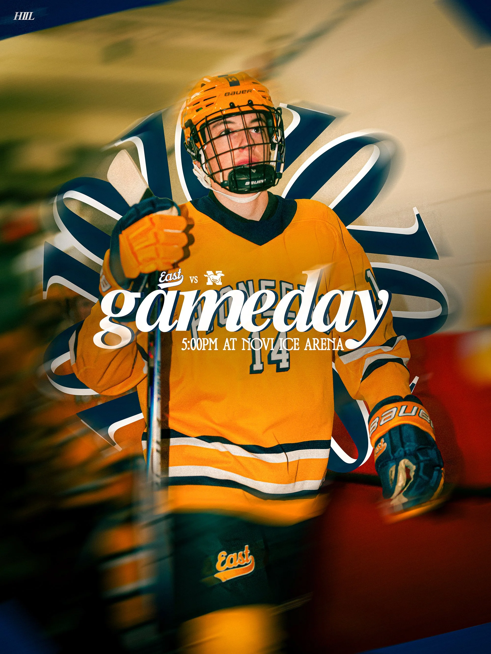 An ice hockey player in an orange jersey and helmet with a face cage, standing against a background with the logo of an ice arena, holding a hockey stick and giving a thumbs up.