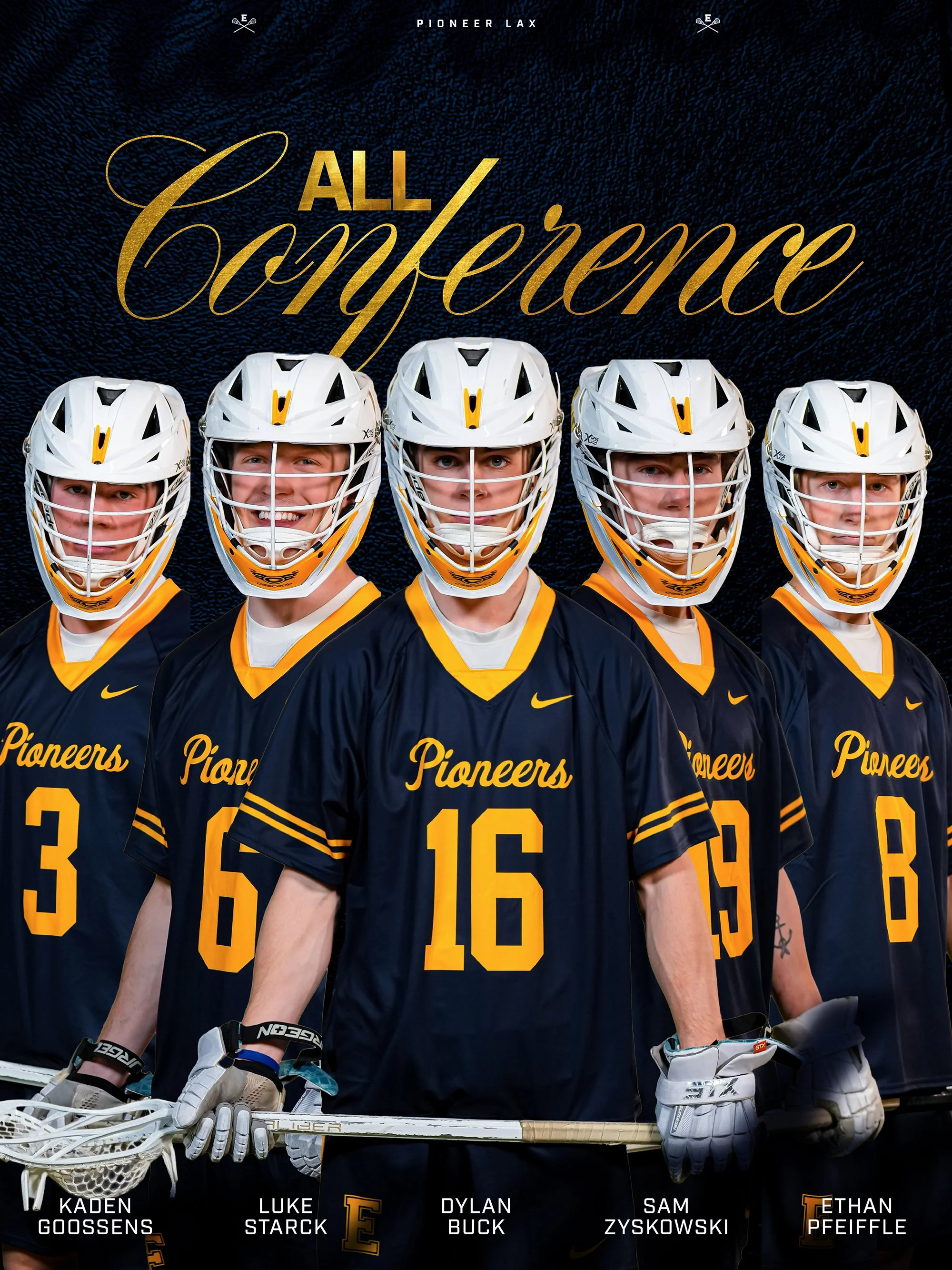 A group of five youth hockey players wearing black and yellow jerseys and white helmets, standing in a row with hockey sticks, posing for a team photo. The background features a dark texture with gold text that reads 'ALL Experience' and the team nam