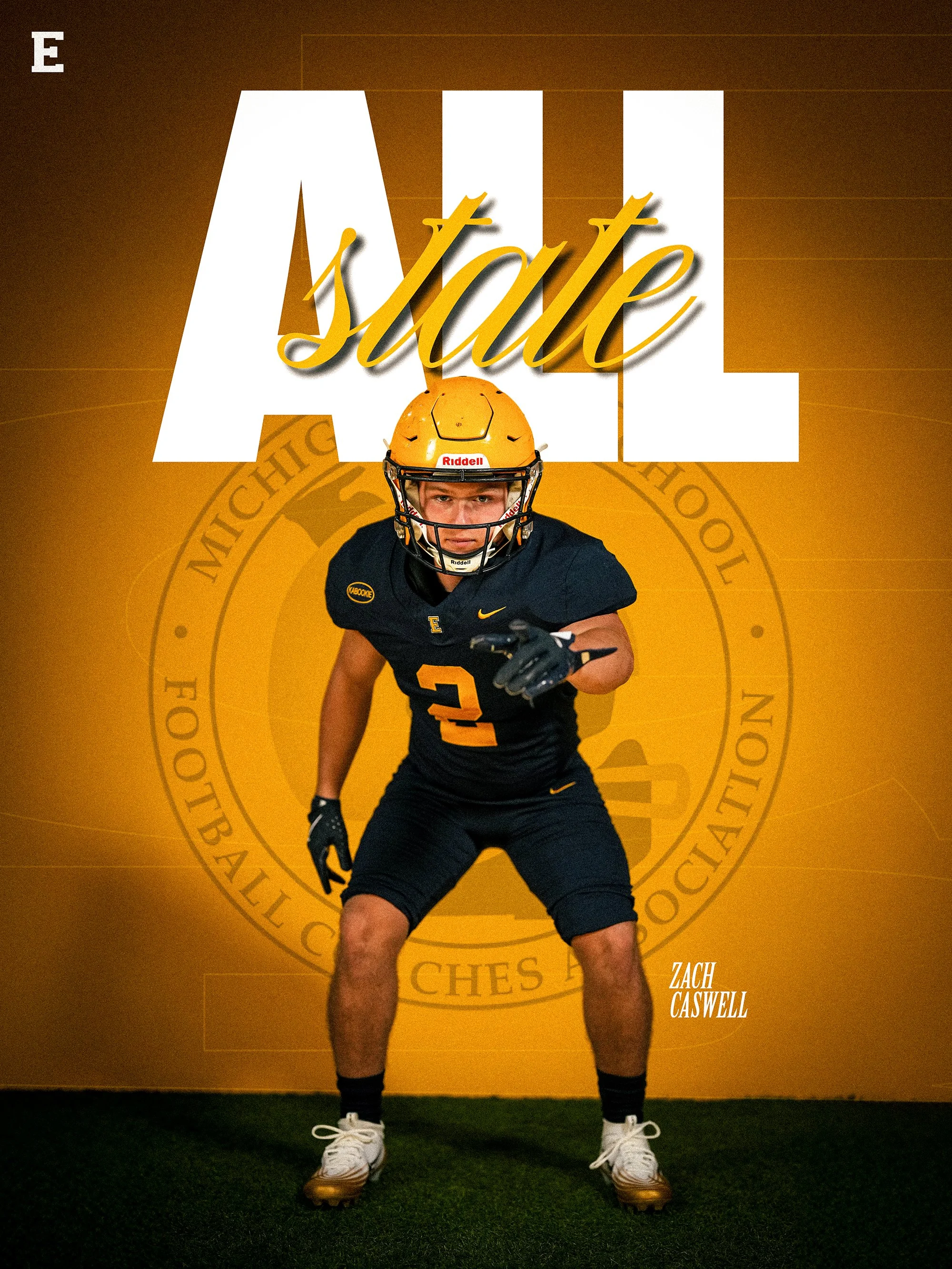 A football player wearing a black uniform, yellow helmet, white shoes, and black gloves, standing in a yard with a yellow background and the word 'ALL' in large white letters, with the words 'don't' and 'Zach Caswell' in white text.