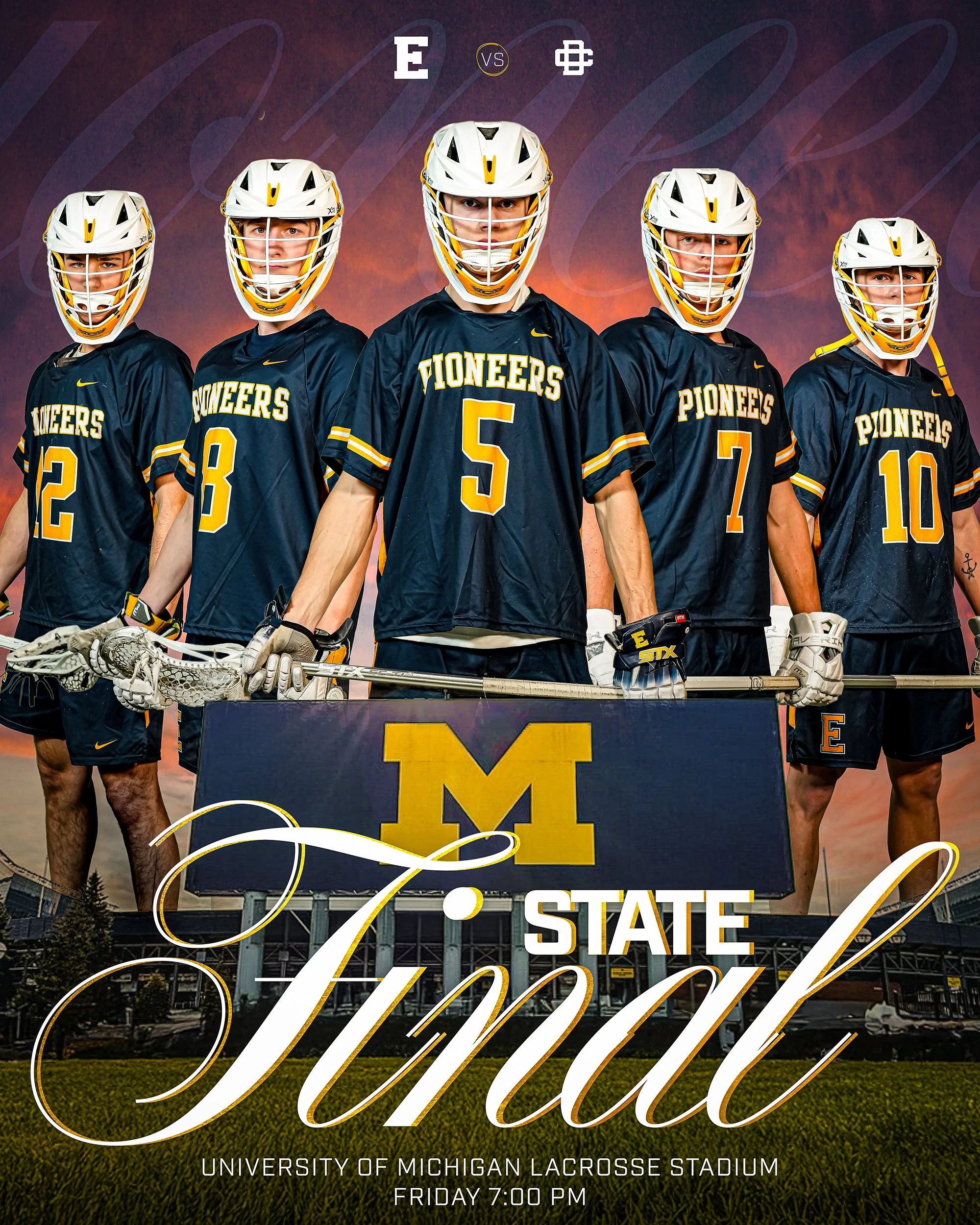 A promotional poster for a lacrosse game between the University of Michigan and an opponent, featuring five lacrosse players in black uniforms with yellow accents and helmets, standing in front of a sunset sky and stadium with grass field. The text m