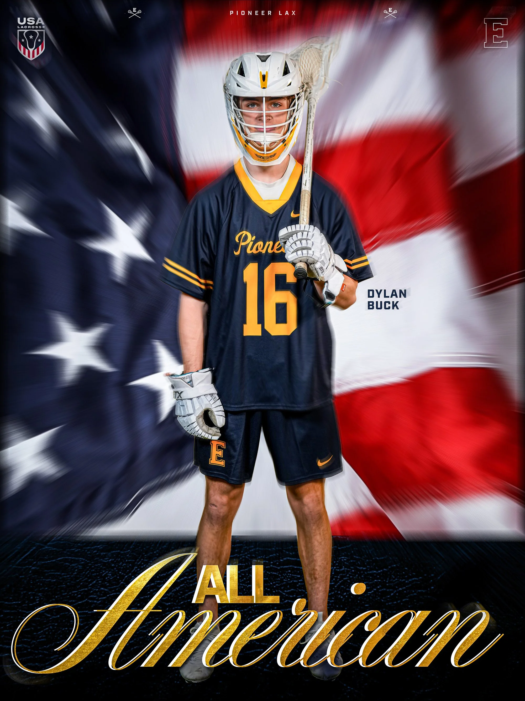 A young male lacrosse player wearing a white helmet and navy blue jersey with yellow accents, holding a lacrosse stick, stands in front of an American flag backdrop with motion blur. Text overlays include "USA Lacrosse," "Pioneer Lax," "Dylan Buck," 
