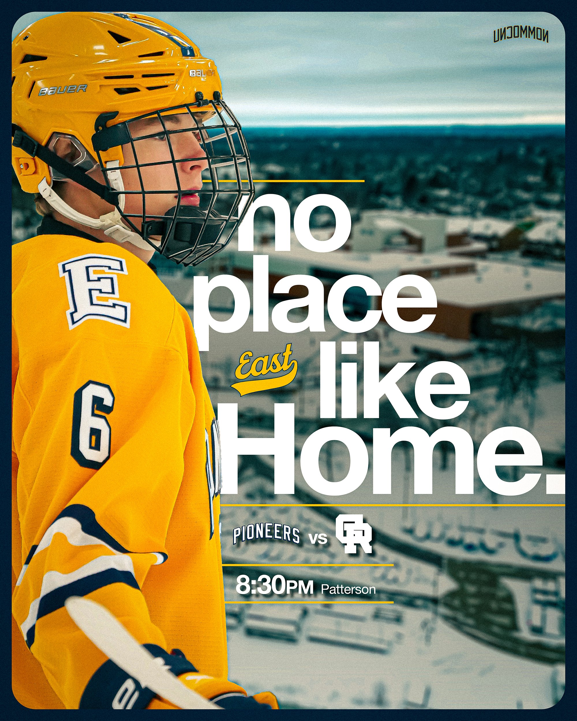 A close-up image of a young hockey player in a yellow jersey and helmet, facing to the right, with a blurred cityscape and mountains in the background. Text overlaid on the image promotes an upcoming hockey game, with details including the teams, dat