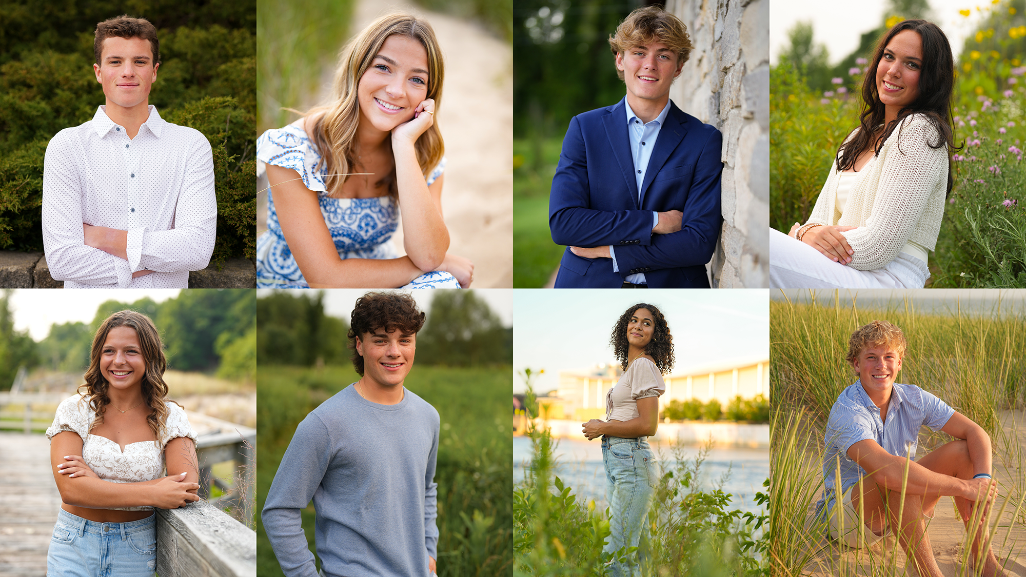 Collage of eight diverse young adults outdoors in natural settings, smiling and posing.