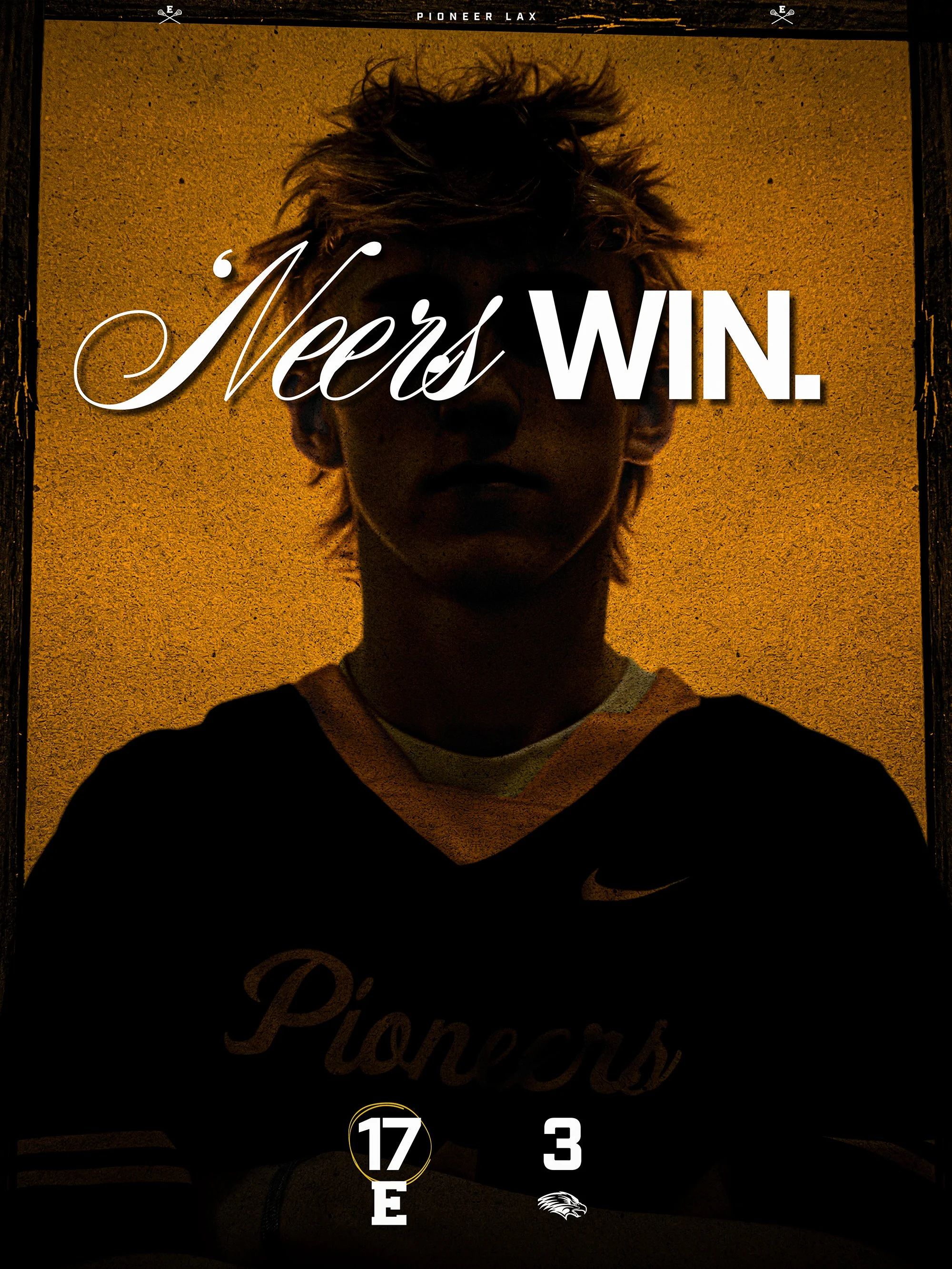 A person taking a selfie in front of a yellow wall with the text 'Never WIN' overlaid on the photo. The person has curly hair and is wearing a dark shirt with white accents.