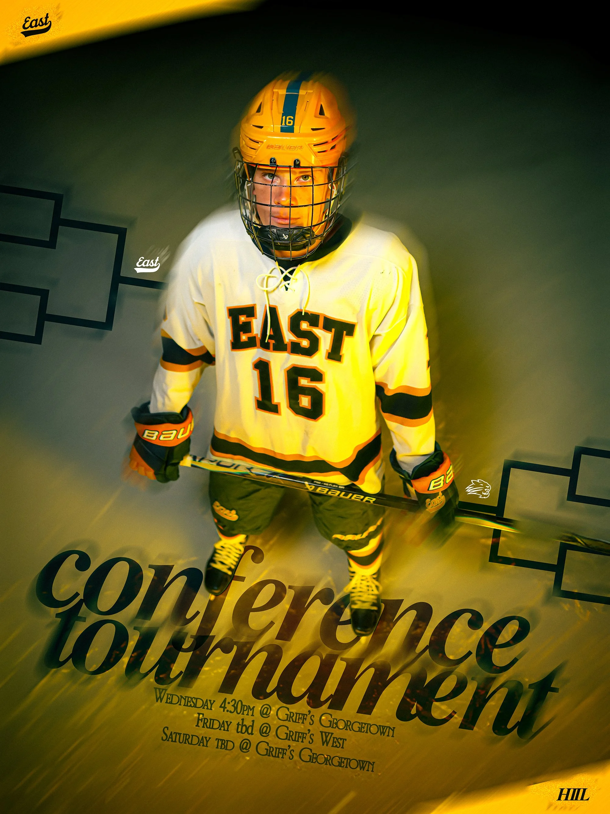 A young hockey player dressed in a yellow and black jersey with the number 16 and the word 'East' on it, wearing a yellow helmet with a face cage and holding a hockey stick. The background has a promotional poster for an event and the word 'conferenc
