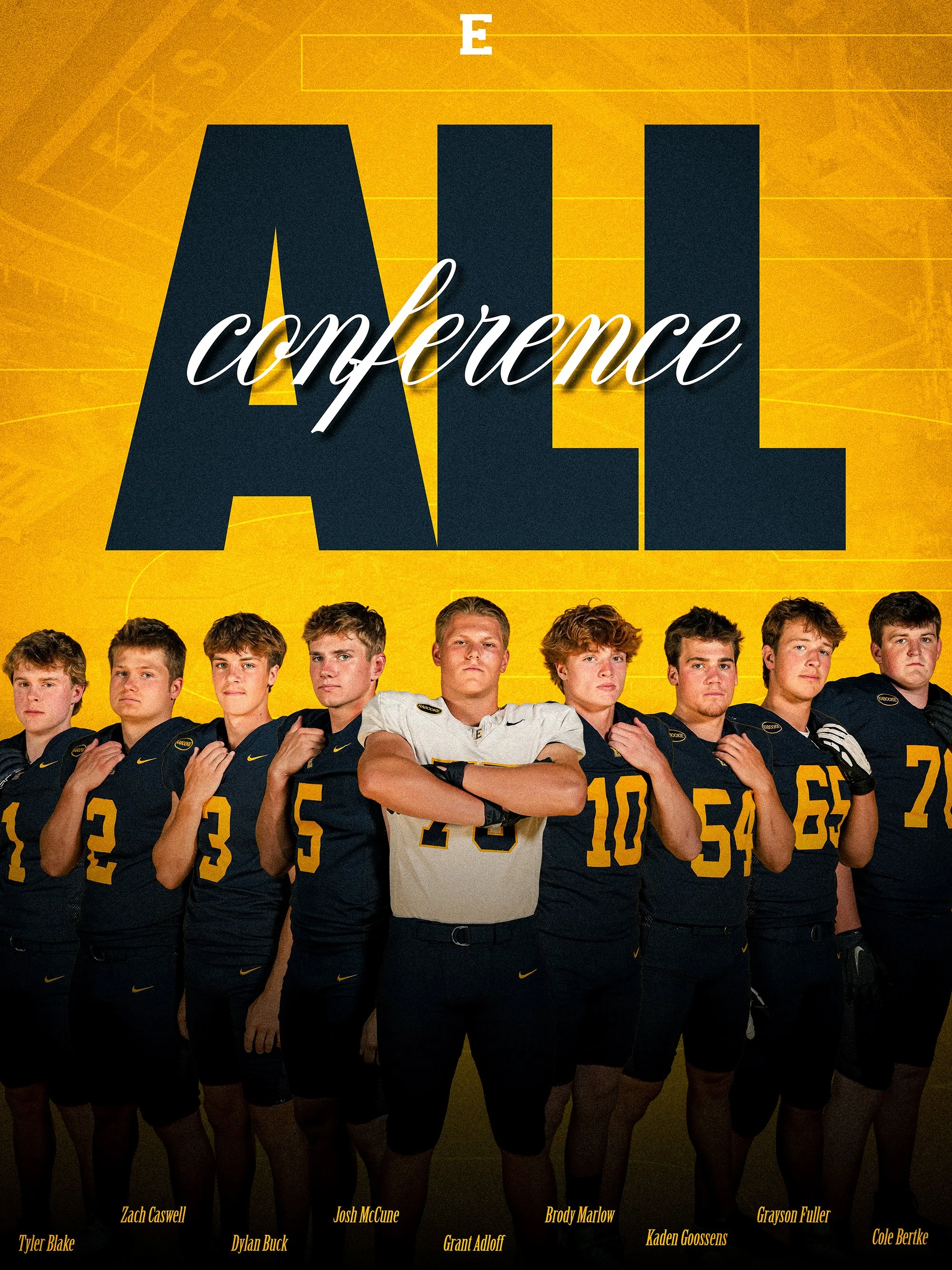 Football team in dark uniforms with yellow numbers, standing in a line with arms crossed, in front of a yellow background with a large black 'ALL' and the word 'conference' overlaid, with individual names at the bottom.
