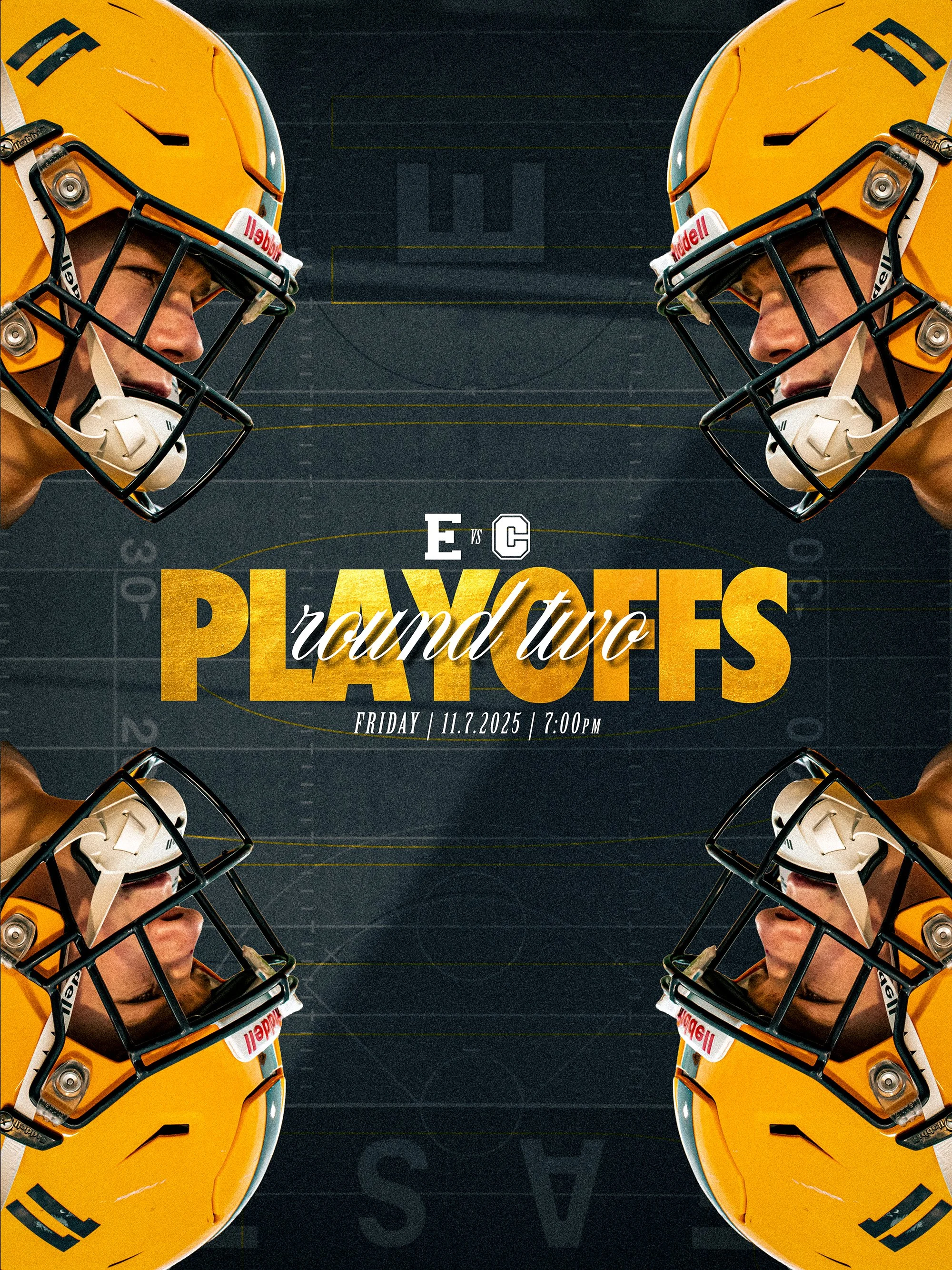 Four football players wearing yellow helmets with black faceguards are arranged symmetrically, facing each other, with the center of the image showing a dark football field background and the text "Playoffs" and "round two" overlayed.