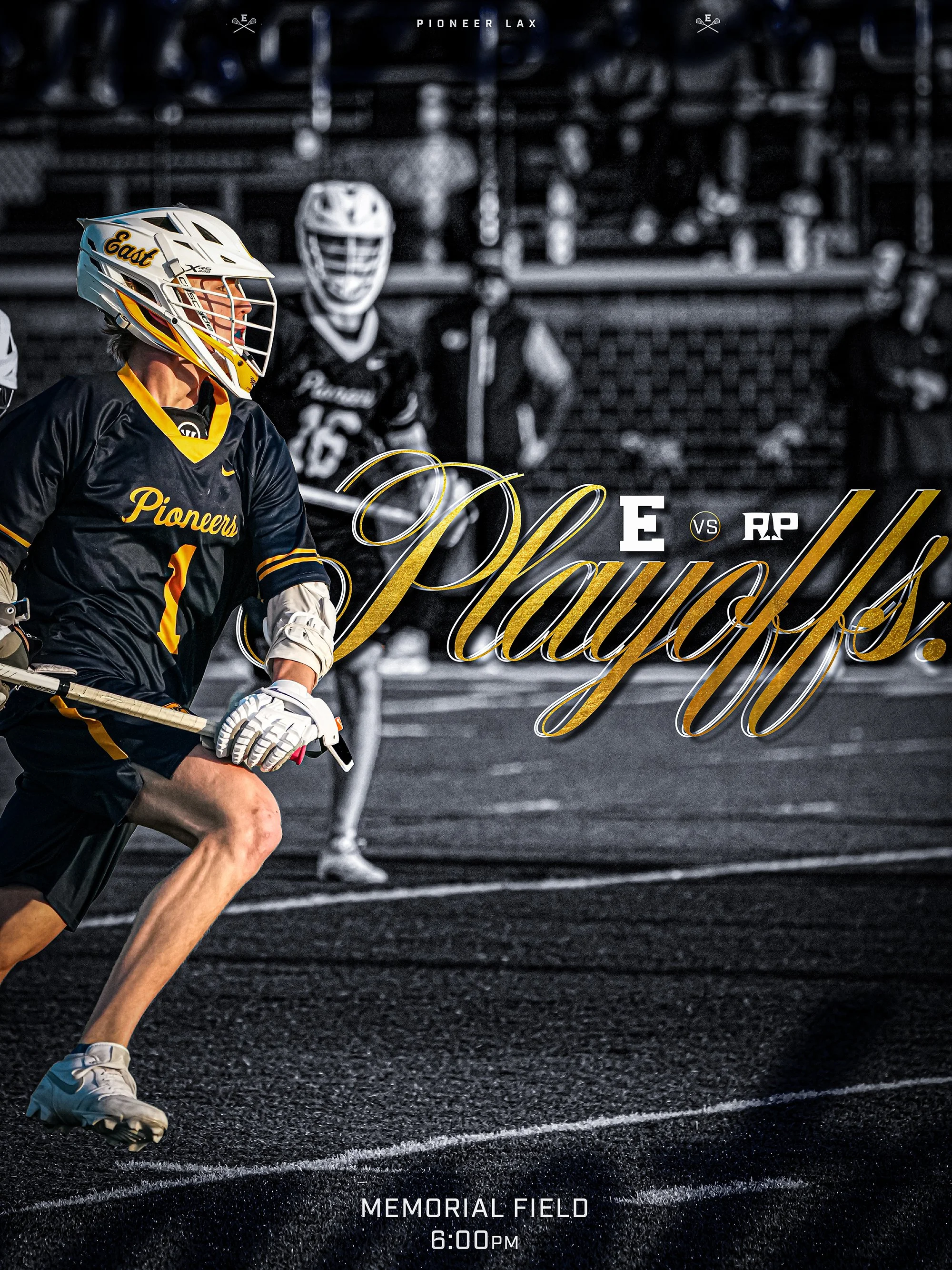 A hockey player in a black and yellow jersey with 'Pioneers' written on it, wearing a white helmet with a cage, on a hockey rink. The background includes blurred players and equipment. Overlay text indicates a game at Memorial Field at 6:00 PM.
