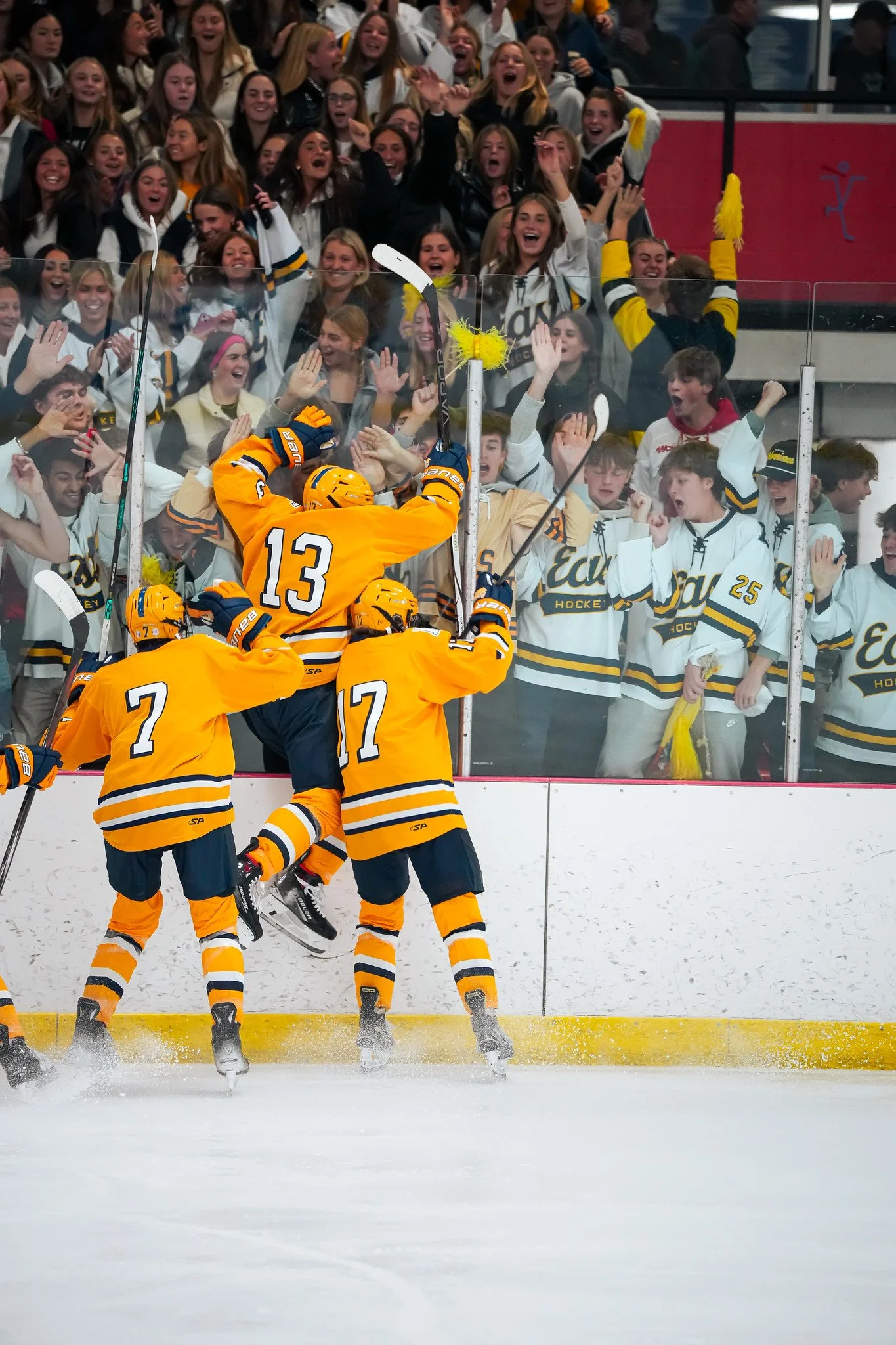 Ice hockey players in yellow jerseys celebrate their goal while teammates skates on ice, with a large crowd cheering behind a glass barrier.