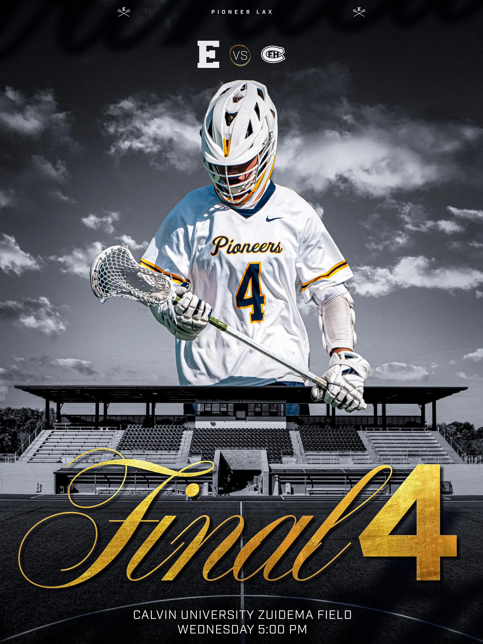 A female lacrosse goalie wearing a white Cadillac team jersey with the number 4, holding a lacrosse stick, standing on a field with empty bleachers and a game schedule overlay at Calvin University Zuidema Field, with a dark cloudy sky in the backgrou