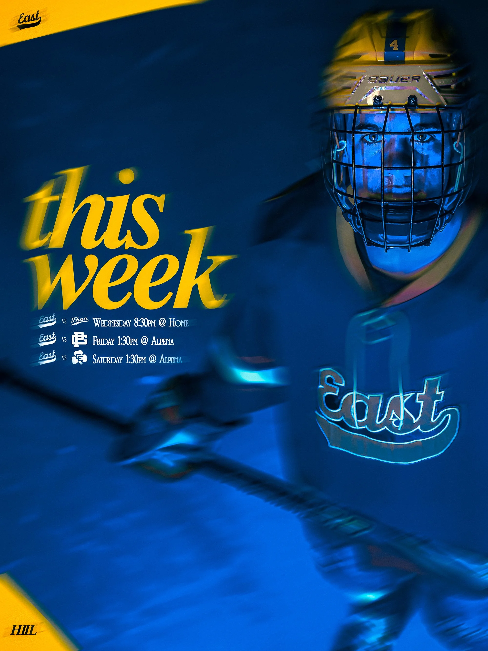 A close-up of a hockey player's face wearing a helmet with a face cage, illuminated with blue light. Part of a yellow banner with black text is visible in the top left corner. The phrase 'this week' in large yellow letters is also visible, along with