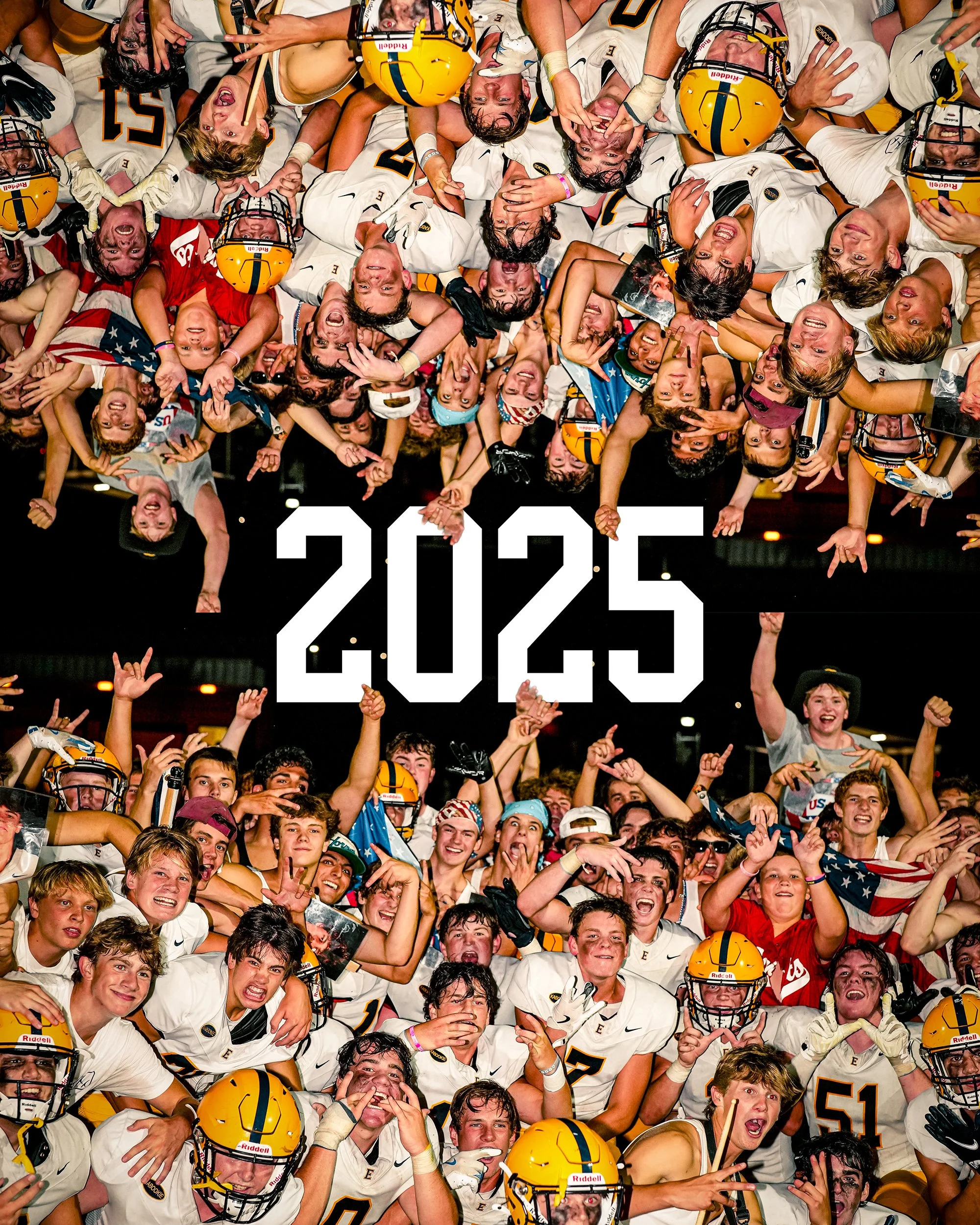A large group of young football players wearing uniforms and yellow helmets celebrate together, smiling, cheering, and making hand gestures. The image includes a prominent text overlay of the year '2025' at the bottom.