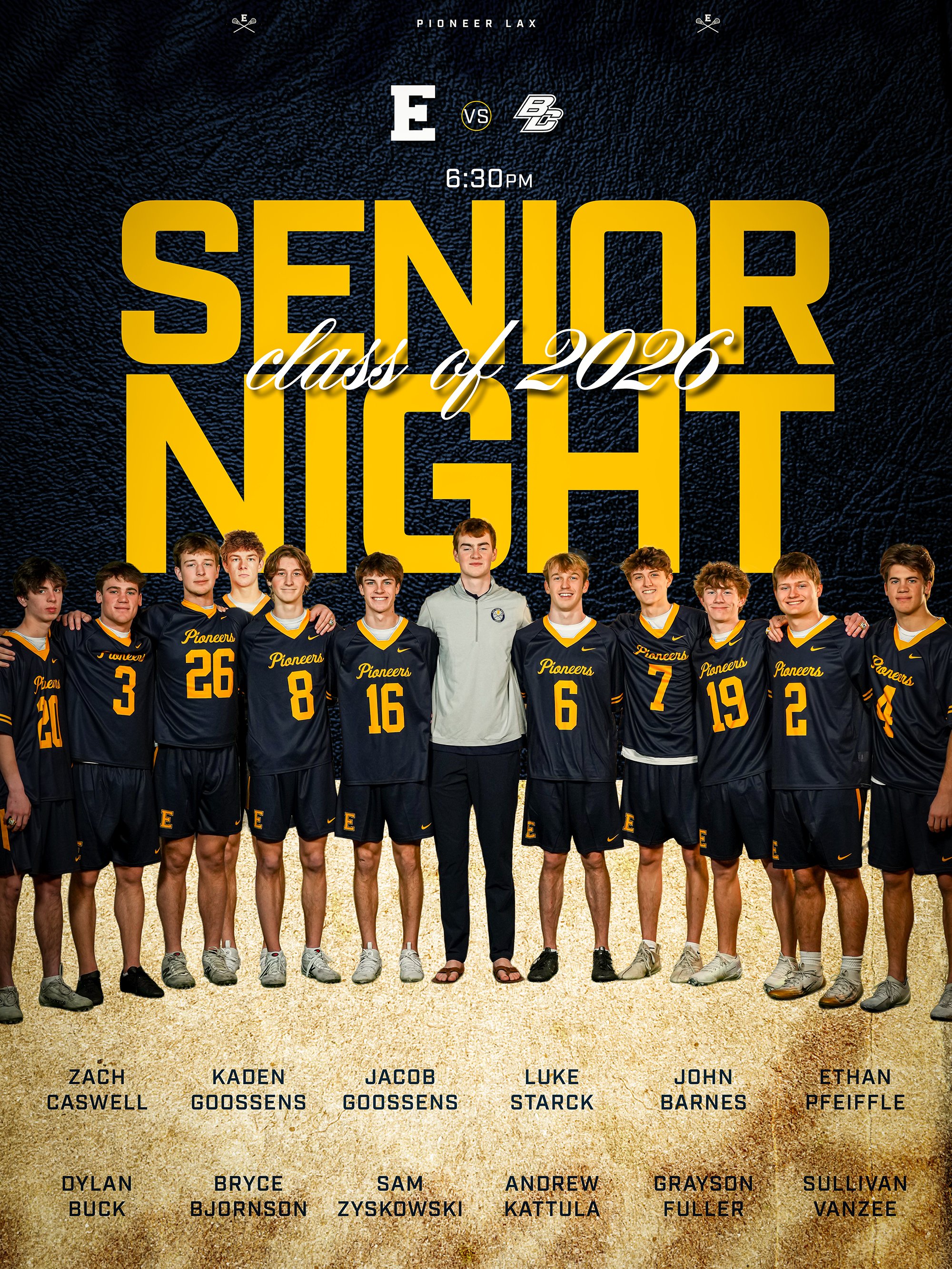 A team of young male athletes in dark blue and yellow Pioneers uniforms standing side by side on a field, with their names listed below.