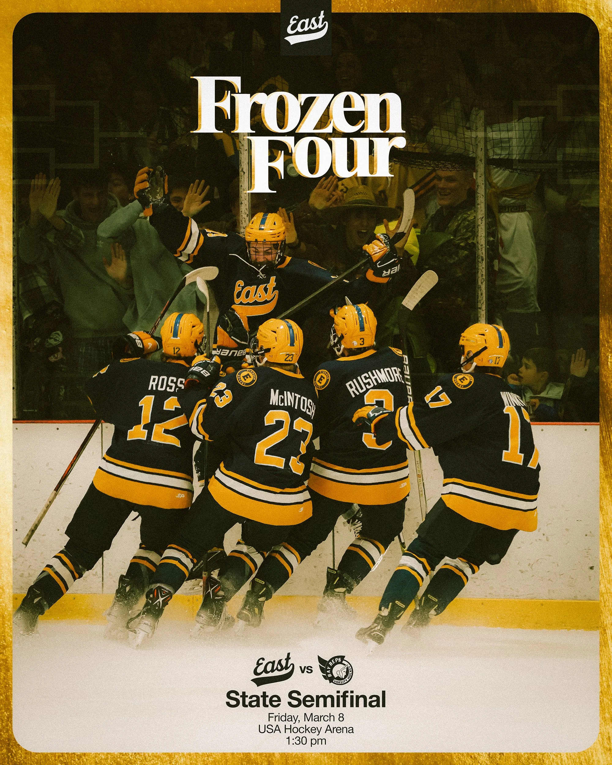 Ice hockey players celebrating during a game, with spectators behind the glass. The text on the image indicates a state semifinal between East and Bay Reps on Friday, March 8, at 1:30 pm at USA Hockey Arena.