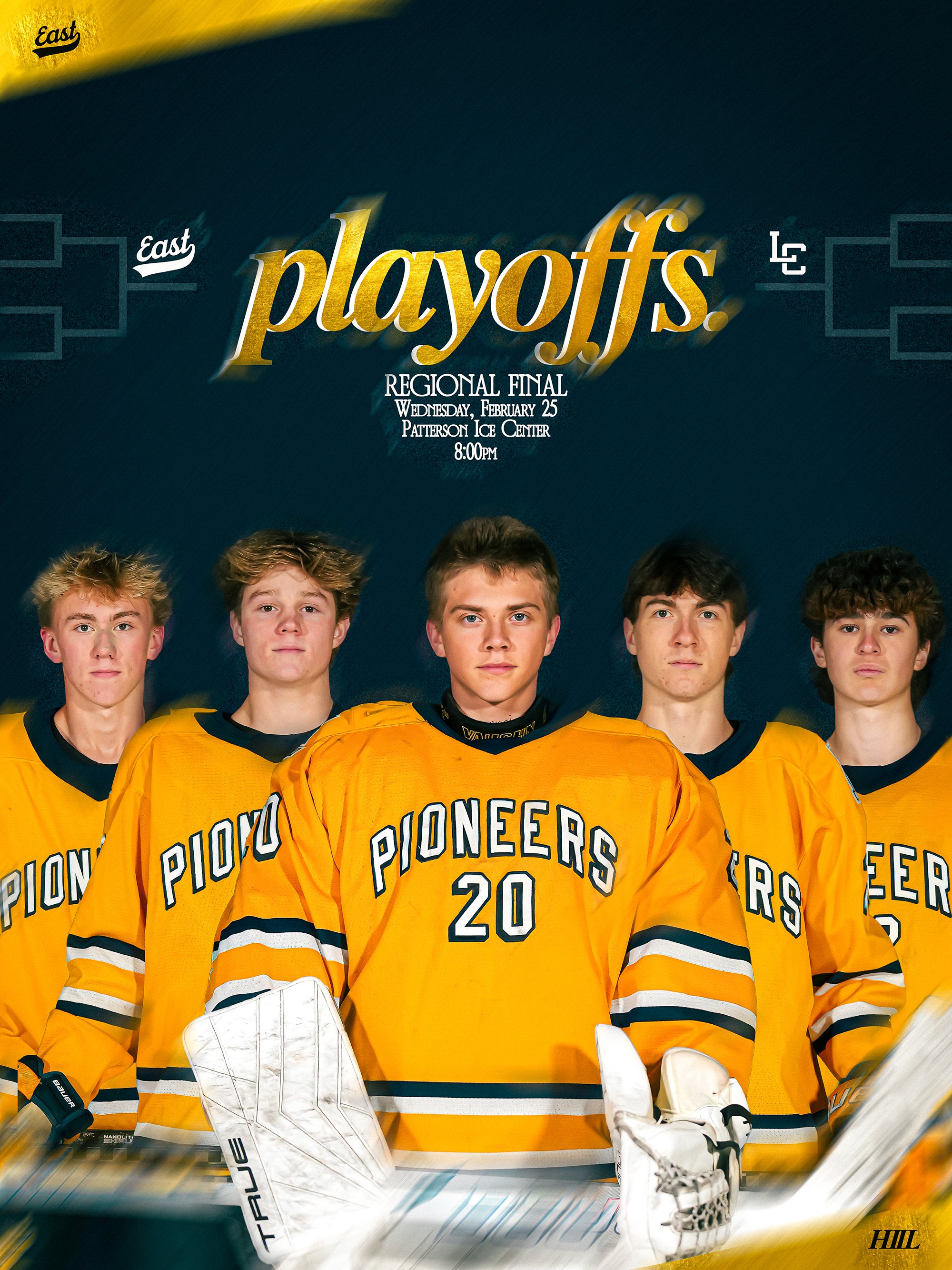 Ice hockey team players in yellow jerseys with 'Pioneers' on the front, standing in a row on the ice rink, with goalie equipment visible in front.