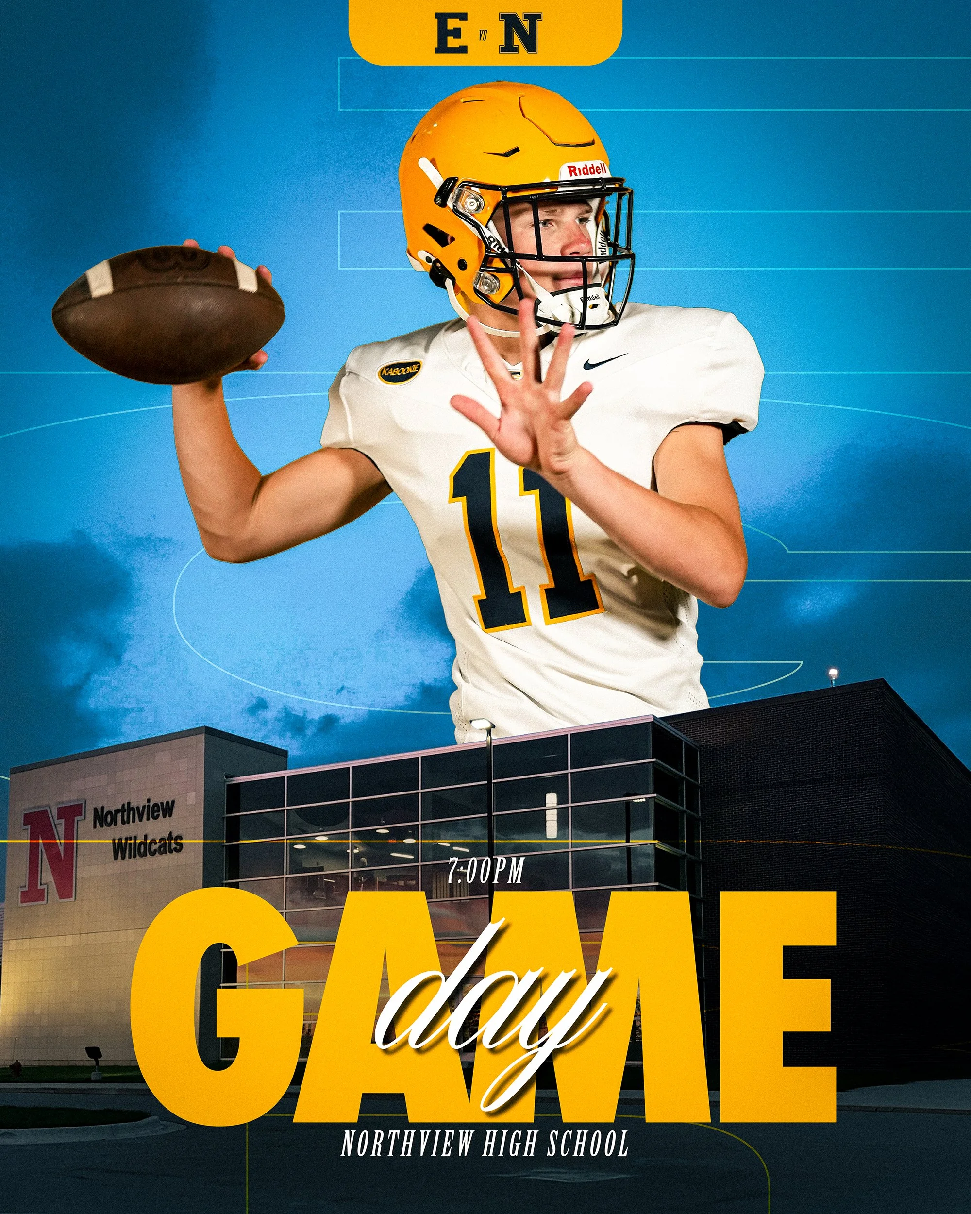 A giant billboard showing a football player in a yellow helmet and white uniform with the number 11, holding a football as if preparing to throw it. The background is blue with light lines, and the bottom part of the billboard shows the words "Gradua