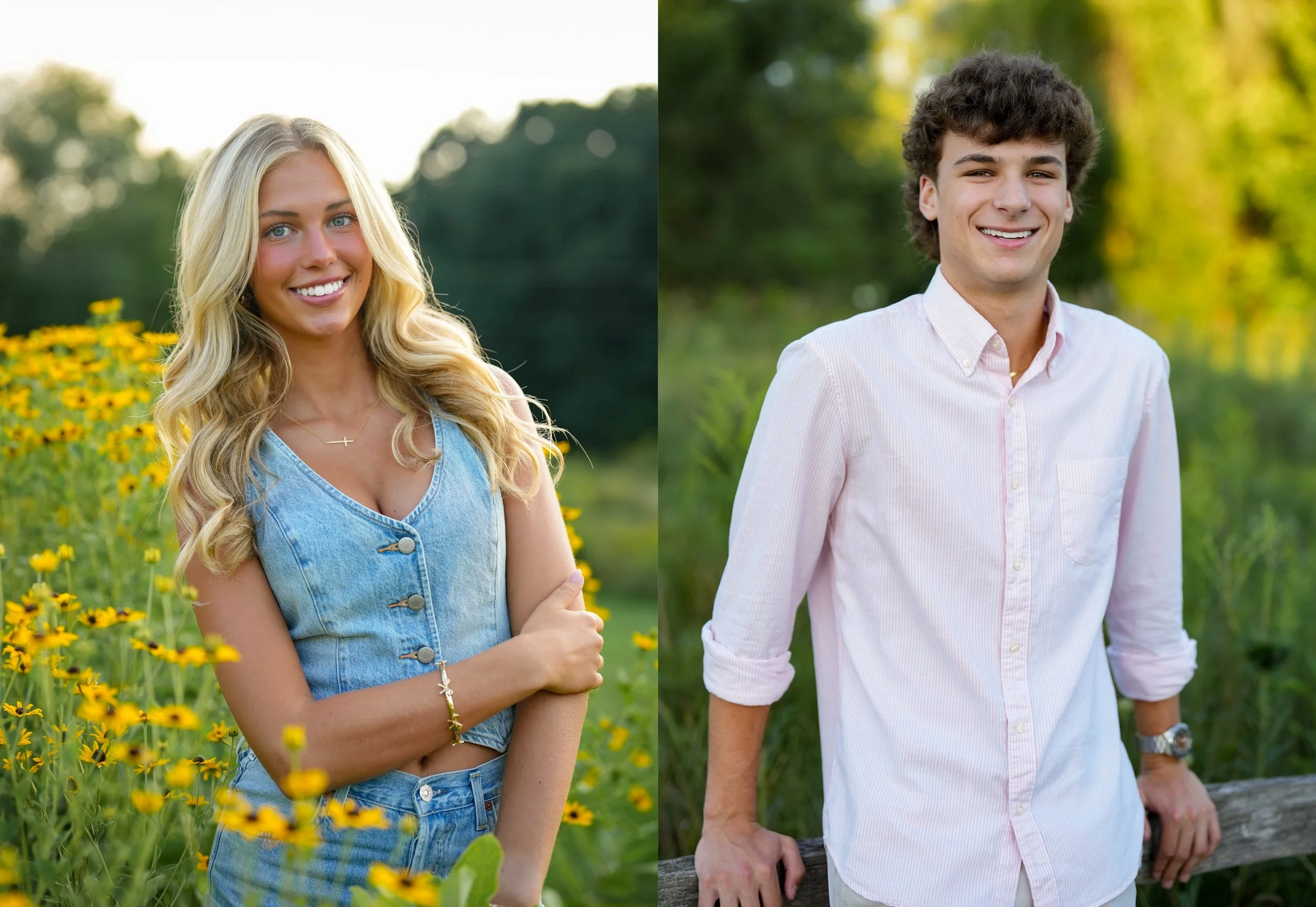 Side-by-side portraits of a young woman with long blonde hair and a young man with curly dark hair, both smiling outdoors in a green setting with trees and flowers.