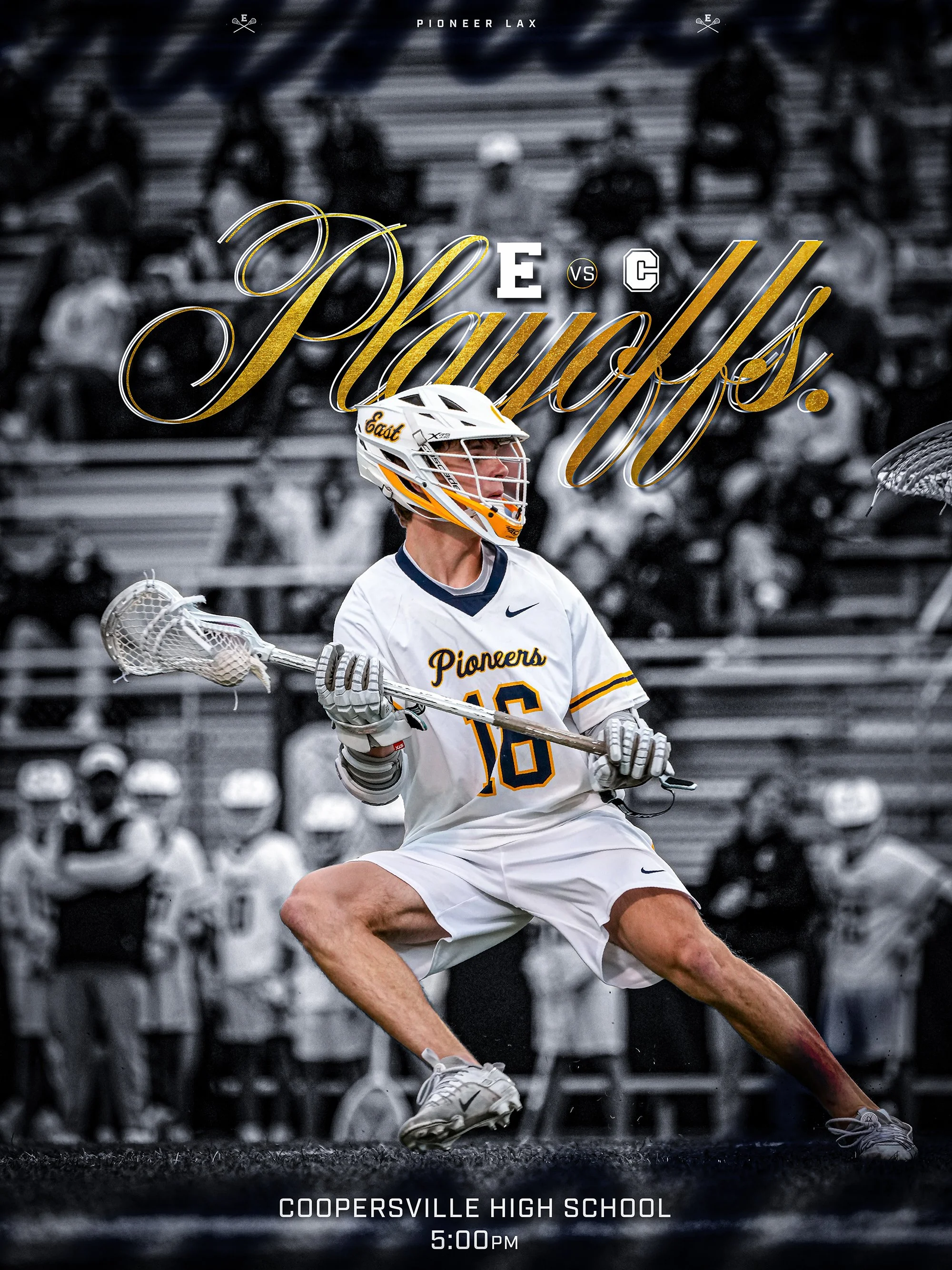 A lacrosse goalie in a white and yellow uniform, wearing a helmet and gloves, is actively playing on the field. In the background, a blurred crowd is seated in the bleachers. The image promotes a lacrosse match between E and C teams at Coopersville H