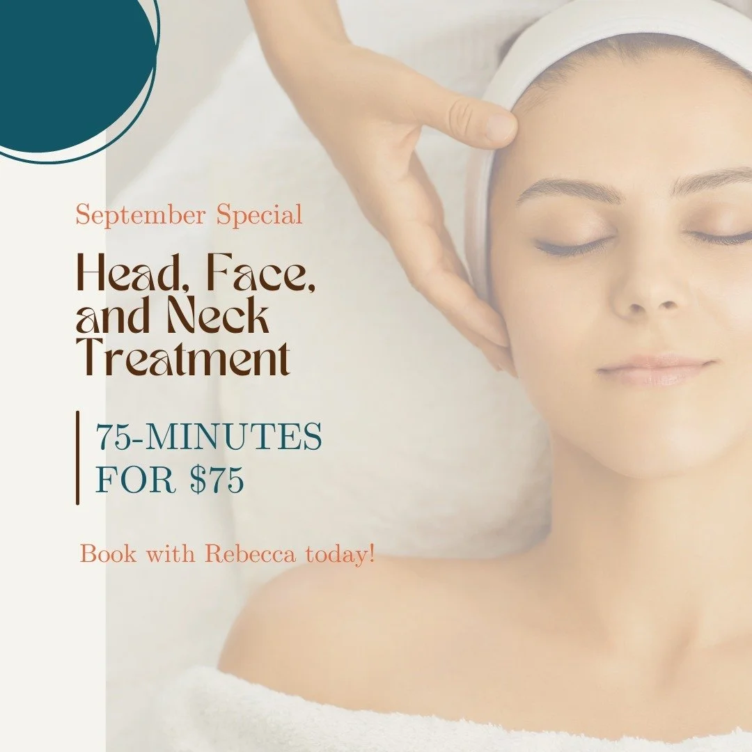 ✨ This September, indulge in a 75-minute head, face, and neck treatment for just $75! 🌿 Enjoy a deeply relaxing session designed to release stress, tension, and restore your natural glow. Experience the rejuvenating power of this treatment, tailored