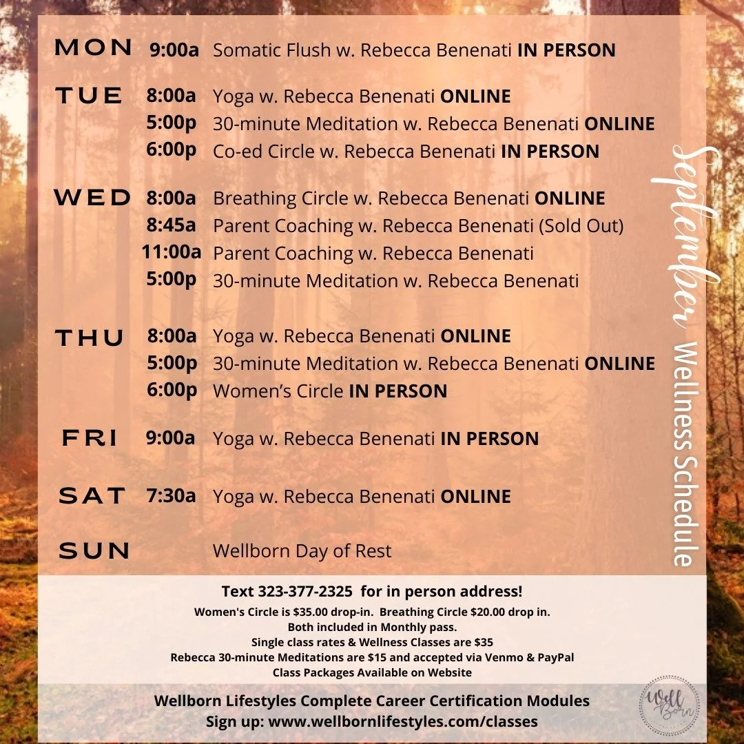 ✨ September Schedule is LIVE! ✨

We're thrilled to announce a new in-person offering on Mondays at 9 AM: Somatic Flush with Rebecca Benenati! This is your chance to dive deep into body-centered healing and leave feeling refreshed and restored. 🌿

PL