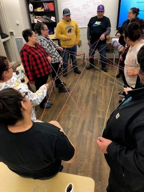 A high-angle view of adults standing in a circle in a classroom setting, holding interconnected strands of colorful yarn during the Indigenous Parent Leadership Initiative (IPLI) yarn activity.