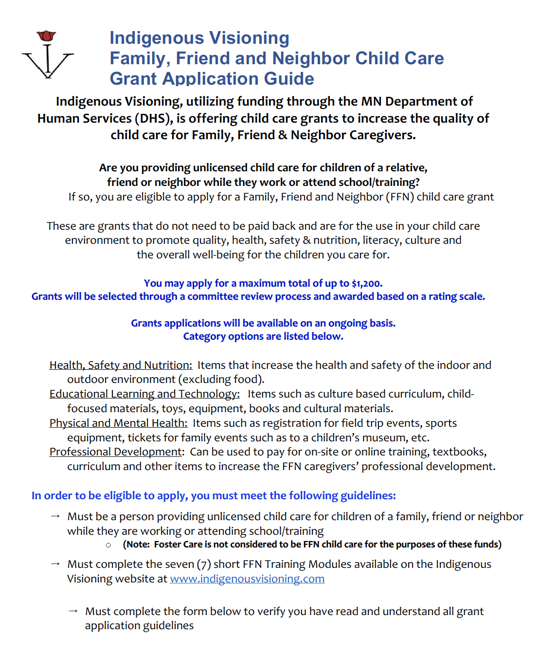 Indigenous Visioning Family, Friend and Neighbor Child Care Grant Application Guide detailing grant eligibility, eligible expense categories, and application requirements funded through the MN DHS.