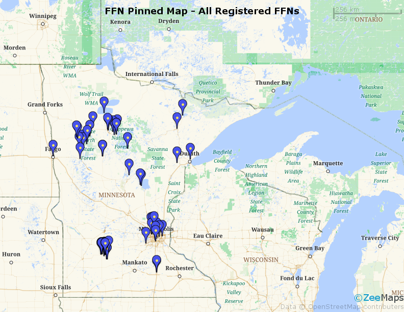 A regional map of Minnesota and surrounding areas titled "FFN Pinned Map - All Registered FFNs," displaying multiple clusters of blue location markers concentrated in northern Minnesota, the Minneapolis–St. Paul metro area, and southern regions.