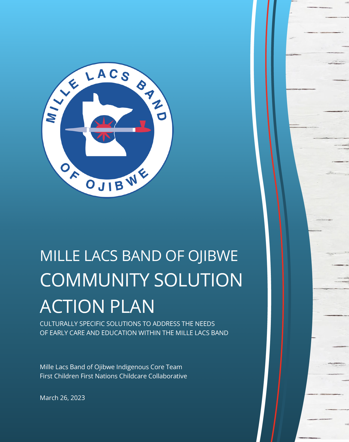 Mille Lacs Band of Ojibwe Community Solution Action Plan cover featuring the tribal seal on a blue background alongside birchbark texture.