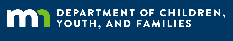 The banner logo for the Minnesota Department of Children, Youth, and Families, displaying the stylized state "mn" emblem in white, blue, and green next to the all-caps department name in white text across a dark blue banner.
