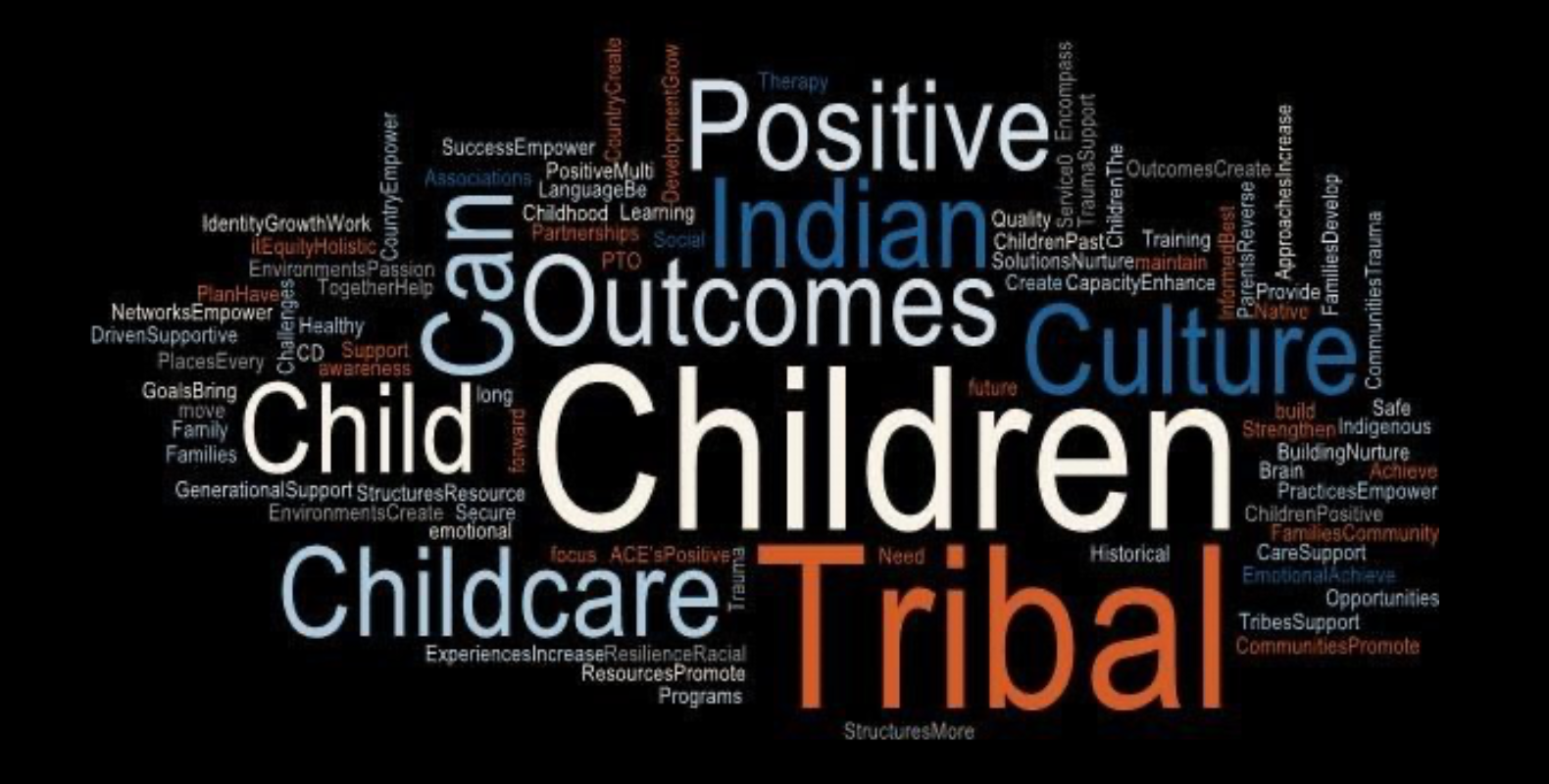 Word cloud featuring key themes of Tribal childcare, Indian children, and positive outcomes through culture and community support