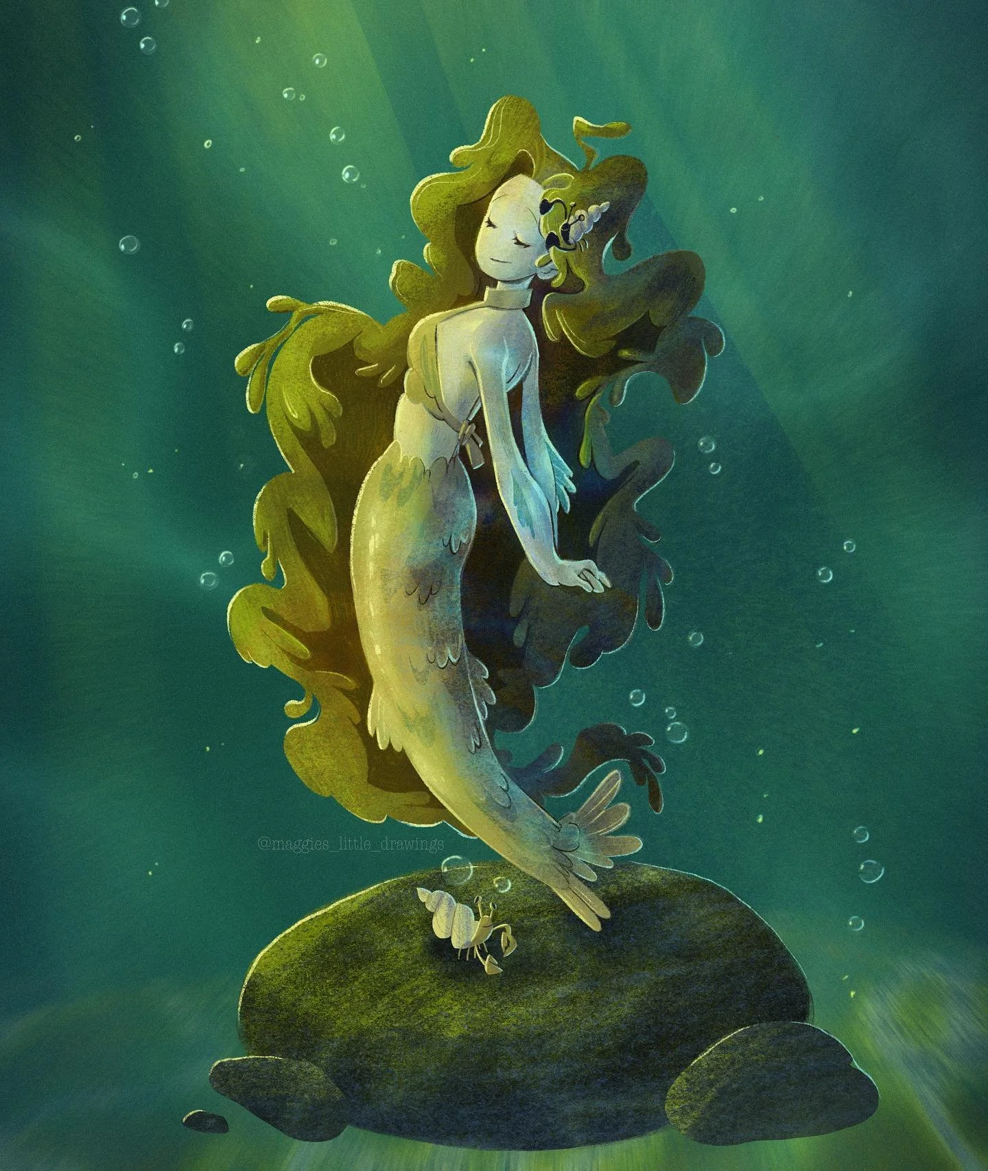 Happy #MERMAY !! 🧜‍♀️🫧 This is a seaweed mermaid with some hermit crab friends :) 
I’m probably nottttt going to make a illustration for every day this month,,, but I’m definitely gonna try and make a few 👀
#procreate #illustrati