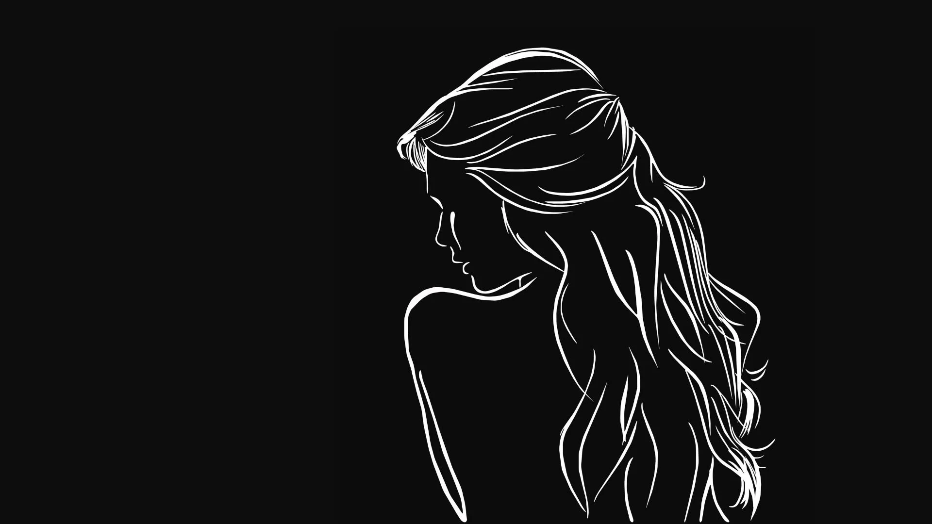 sketch in white of long haired woman's back looking over her shoulder on black background