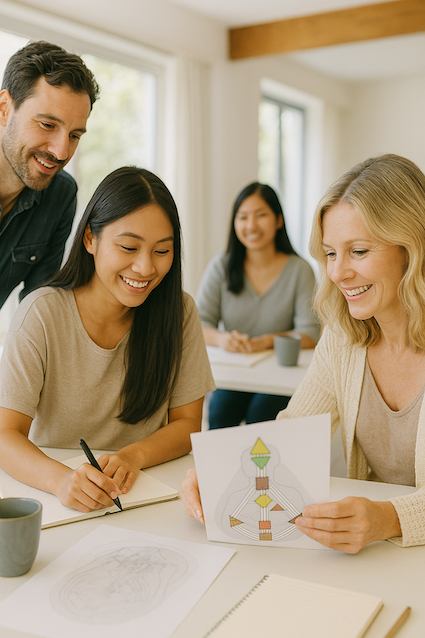 Blonde woman holding human design chart sitting next to woman with black hair drawing and a brunette man standing behind her.