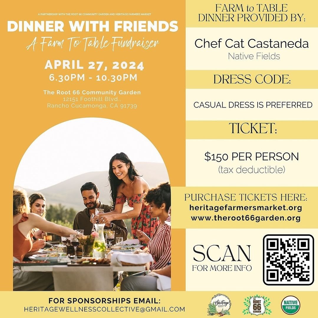 🍴Dinner with Friends: A Farm to Table Fundraiser will be an evening of gratitude and good eats.

✨Heritage Wellness Collective | Farmers Markets and The Root 66 Community Garden started its journey of community engagement 15 years ago! Their collect